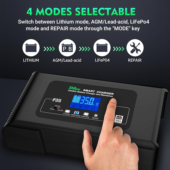 Battery Charger 0-35A,12V/24V Smart Car Battery Charger for Lithium,LiFePO4,Lead Acid,AGM,RV,Marine,Boat, Deep Cycle Batteries,9 Stage with Pulse Repair,Trickle Charger & Maintainer