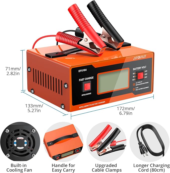AUTOUTLET 8V Car Battery Charger, 0-14A Fully Automatic 6/8/12/14/16/2 Lead-Acid Battery Charger & Maintainer with 7-Stage Charging, Overcharge Protection, Reverse Polarity LED Indicator, 80cm Cable