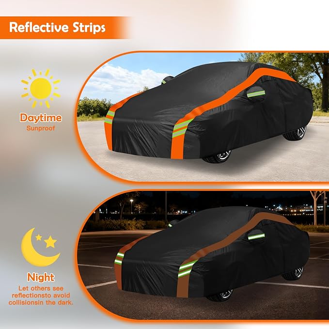 Universal Fit Car Cover for Coupe Length 194-202in, Waterproof Automobiles Cover All Weather Compatible with Pontiac Firebird/Trans Am, Chevy Malibu, Dodge Charger, Hyundai Genesis
