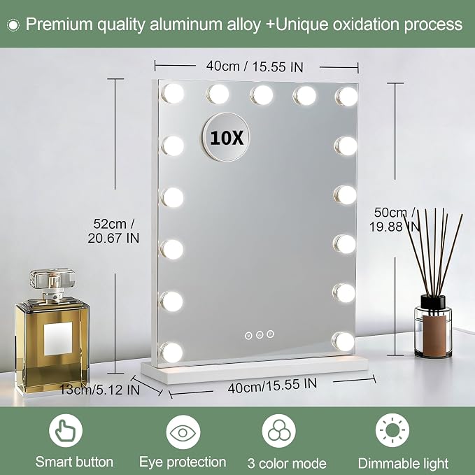 Hollywood Vanity Mirror with Lights, Vertical 20.6 Inch, White | 20.6 x 15.5 in vertical design, 15 dimmable LED bulbs, 3 light modes, 10X magnifier, touch control and USB port