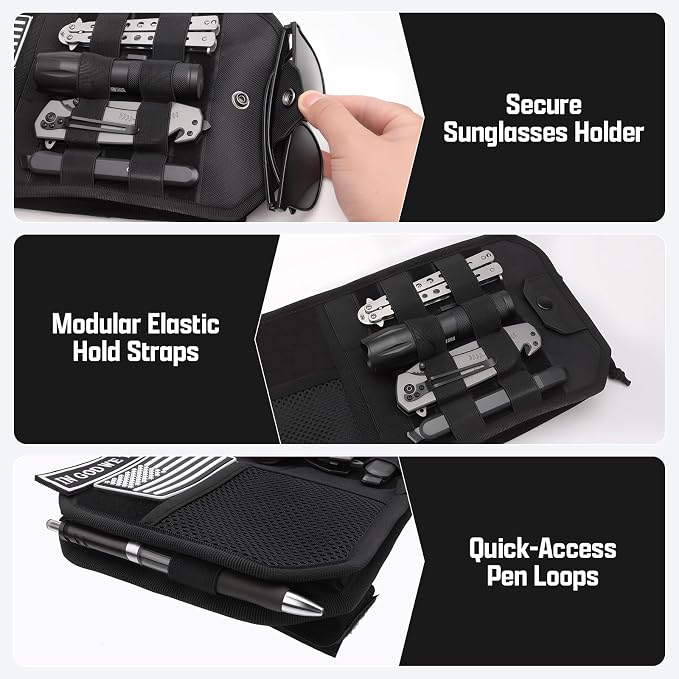 Heavy Duty MOLLE Sun Visor Organizer with Sunglasses Holder | Universal Tactical Organizer, MOLLE Panel, Mesh Pouch + Pen Slots + Zipper Pockets, 1000D Polyester, Esay Installation