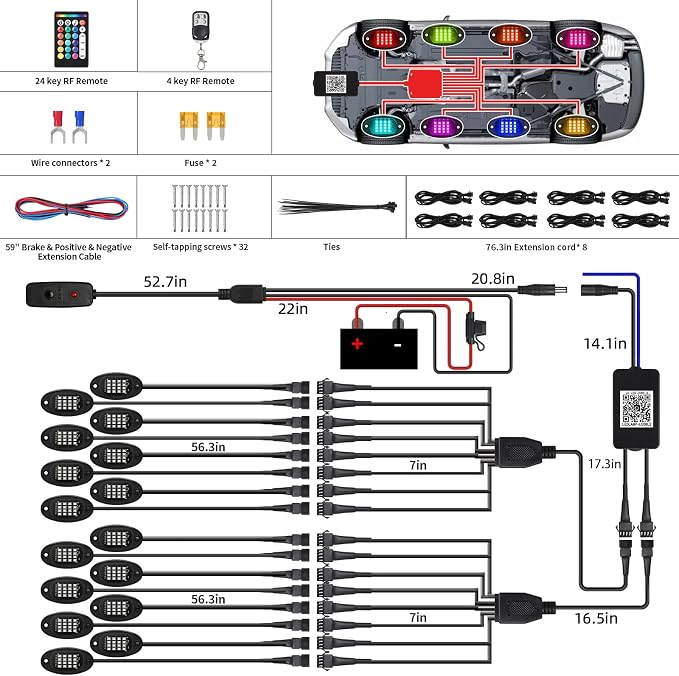 16 Pods RGB LED Rock Lights with Extension Wires, Waterproof Multicolor Underglow Kit for Trucks Trailer Offroad Pickup RV UTV, Dual Zone Brake Neon Underbody Light with APP/RF Control Music Sync 12V