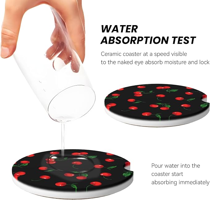 Cherry Watercolor Car Cup Holder Coasters 2 Pack 2.63" for Women | Pattern Universal Anti Slip Ceramic Absorbent Coaster with Cork Base and Finger Notch Cute Car Accessories Interior