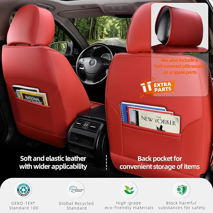 Universal 2-Seater Waterproof Breathable Nappa Leather Car Seat Covers Full Set, Fit for Front Seats, Compatible with Dodge Journey, Toyota Yaris, Honda Pilot HR-V City, Fit Most Sedans SUV Red
