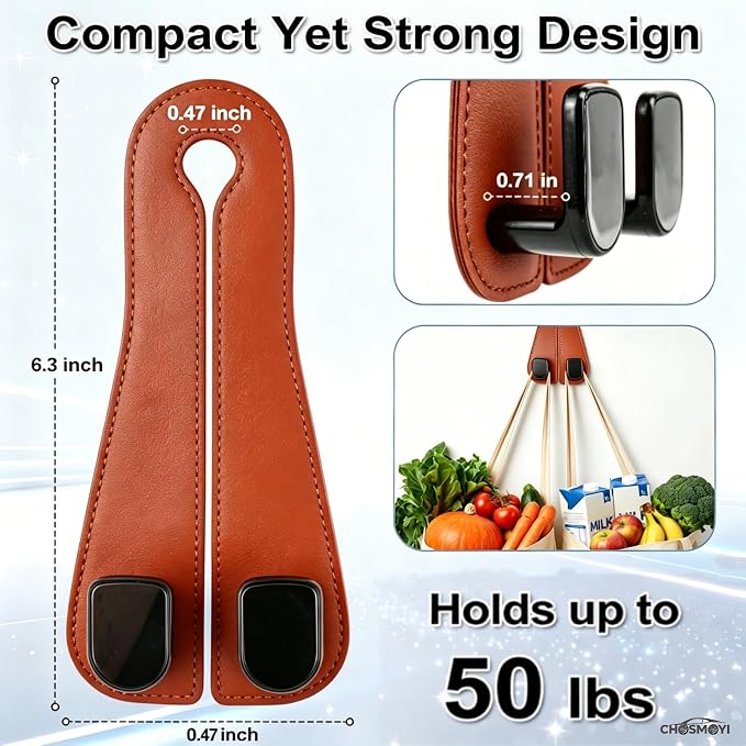CHOSMOYI 2 Packs Car Seat Hooks, Leather Car Headrest Hook, Car Purse Hook Seat Back Hanger Storage Organizer, Car Hook for Purses and Bags(Burnt Orange)
