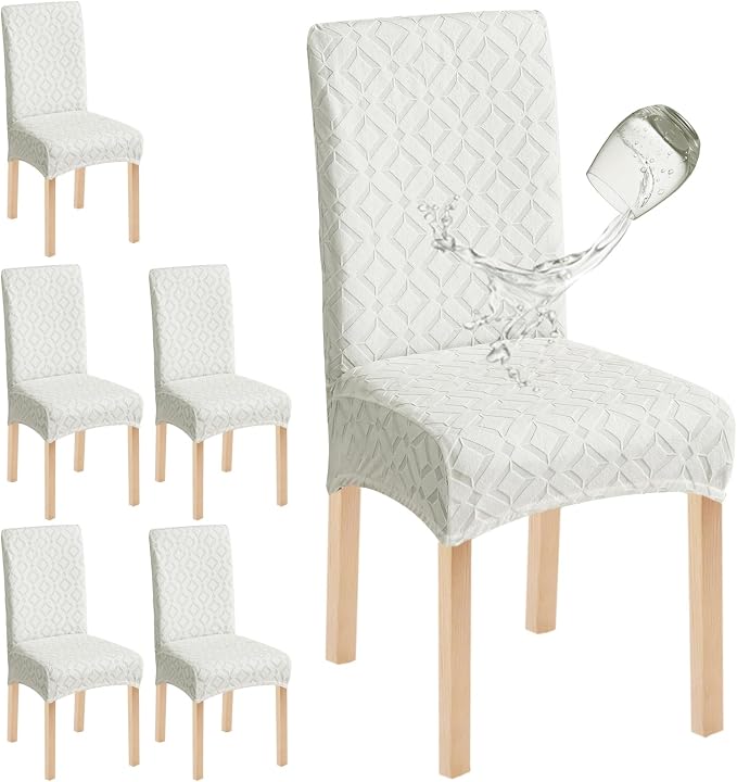 Genina Waterproof Chair Covers for Dining Room Set of 6, Removable Washable Chair Slipcover Protectors, Ivory White