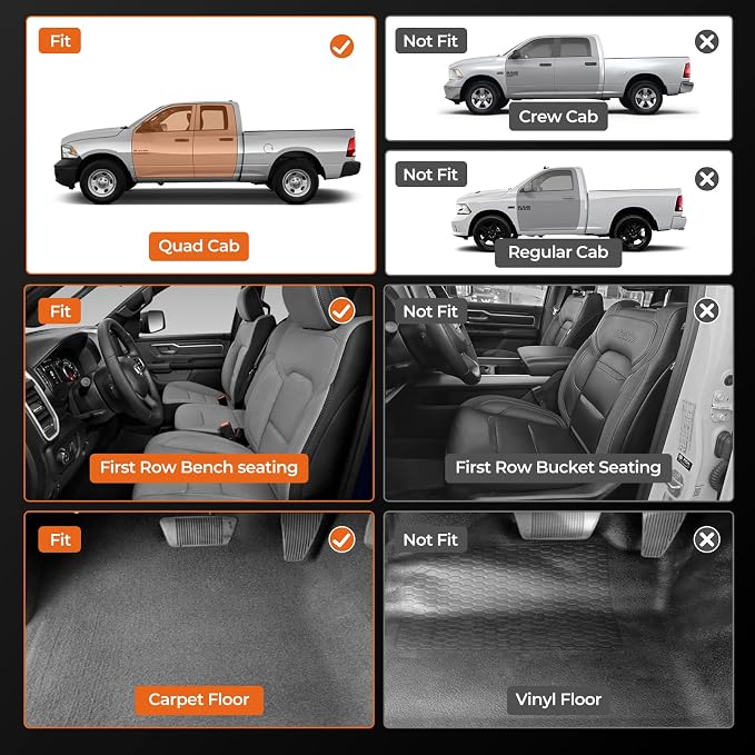 Mixsuper Floor mat for 2009-2018 Dodge Ram 1500 Quad Cab, 2019-2024 Ram 1500 Classic Quad Cab,All Weather TPE Rubber Floor Liners Protection for Car Accessories,2 Row Anti-Slip Car Mats, Black