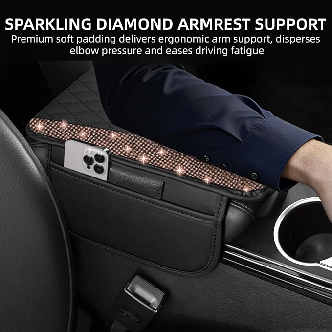 NBTEPEM Bling Car Center Console Cover, Leather Middle Console Cover with 2 Storage Bags, Universal Arm Rest Cover, Bling Car Accessories Interior Fit for Most Vehicles, Champagne Diamond