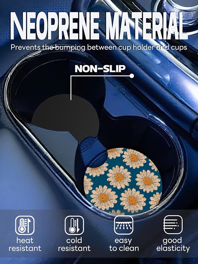 WOCOCN Car Coasters,Cup Holder Coasters for Car,2.75inch Anti Slip and Absorbent,Cute Automotive Interior Accessories for Cup Holder,Pack of 2 (White Daisy)