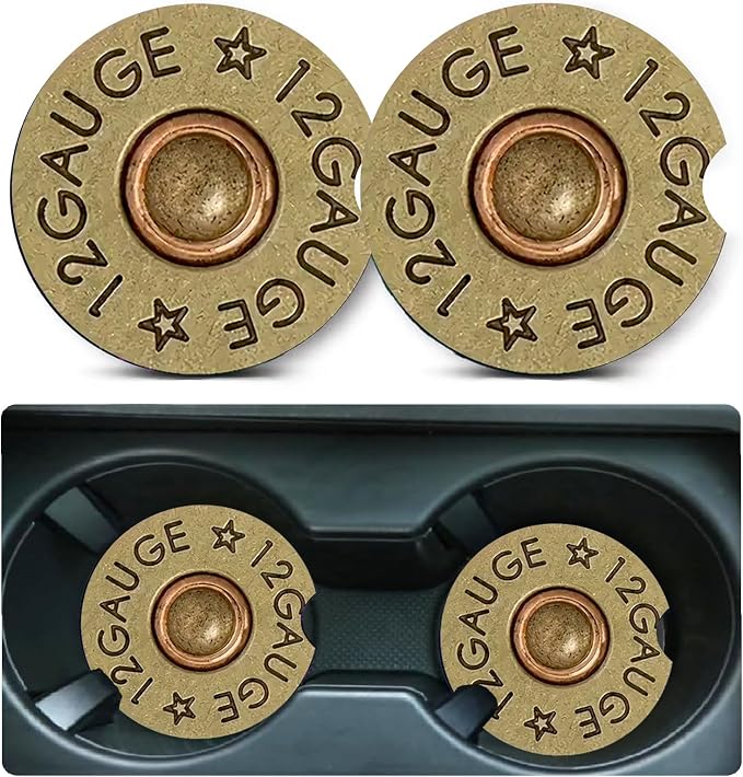 2 Pack Cool 12 Gauge Bullet Car Cup Holder Coasters Universal Neoprene | 2.75" Universal Size Anti Slip Rubber Mat, Auto Cup Holder Accessories for SUV Truck, Bullet Gifts for Men Dad