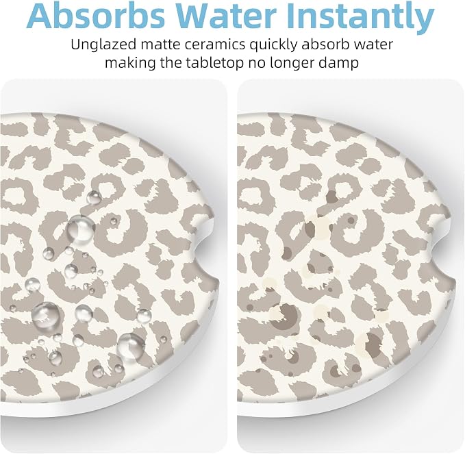 2 Pack Car Coasters for Cup Holders, 2.56" Universal Absorbent Ceramic Stone Car Cup Holder Coasters with Non-Slip Cork Base,Car Interior Accessories for Women Men(Beige Leopard Cheetah Print)