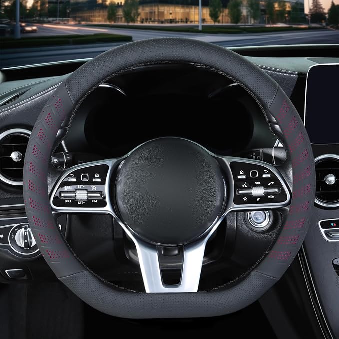 3D Soft 15 inch Leather D Shape Steering Wheel Cover Black Red | Breathable Anti-Slip Premium Skin-Feel Perforated Thin Nappa Leather, Universal 14.5 inch to 15 inch