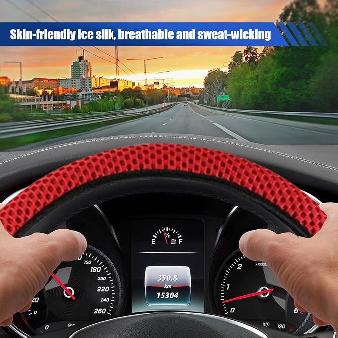 Elastic Stretch Steering Wheel Cover, for Men Women (Red) | 15" Breathable Microfiber Ice Silk Steering Wheel Protector, Universal Anti-Slip Warm in Winter&Cool in Summer Car Accessory