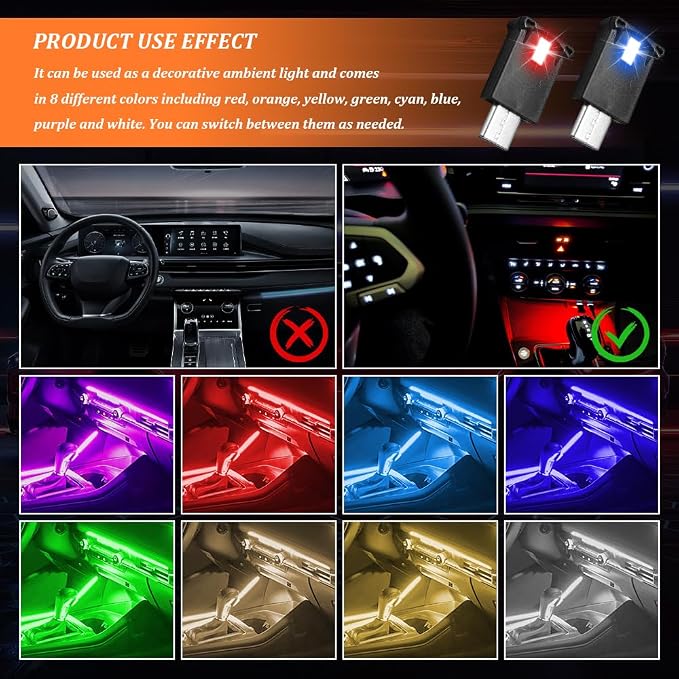 2 PCS USB Type C LED Ambient Light, Adjustable Brightness 8 Color RGB LED Interior Lighting, Universal Car Interior Accessories Mini USB Night Atmosphere Lamp for Car Home Decoration