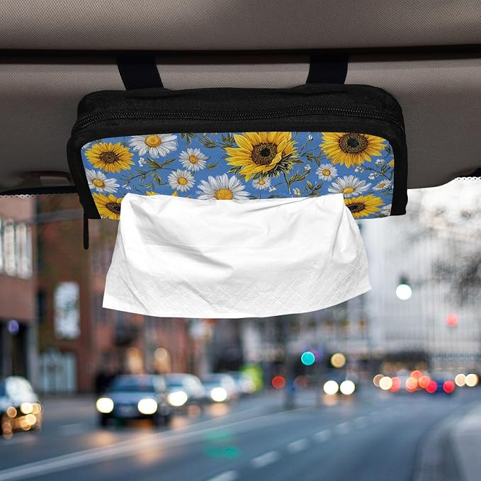 Car Visor Tissue Holder Mask Holder for Car, Car Tissue Box Sun Visor Napkin Holder Car Visor Accessories Adjustable Straps Reusable Durable Easy to Install Sunflower Daisy Leaves Blue