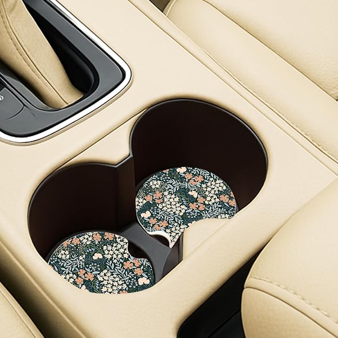 Ceramic Car Coasters – Absorbent Car Cup Holder Coaster Set for Women, Cute Aesthetic Car Accessories for Girls, 2 Pack (sage)