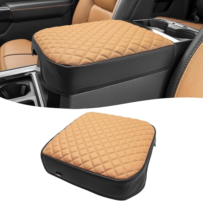 KBH Center Console Armrest Cover for F250-F550 Super Duty 2023-2026, Bucket Seat, Vinyl Leather Interior Trim, Arm Rest Lid Cushion Rrotector, Anti-Scratch, Carmelo Brown