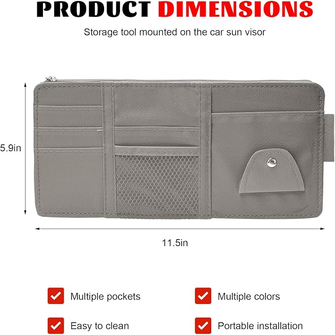 Car Sun Visor Organizer, Multifunctional Auto Visor Storage Bag with Net Pocket & Eyeglass Clamp, Waterproof Multi-Pocket Storage Pouch Ticket Organizer for Car Sun Visors (Gray)