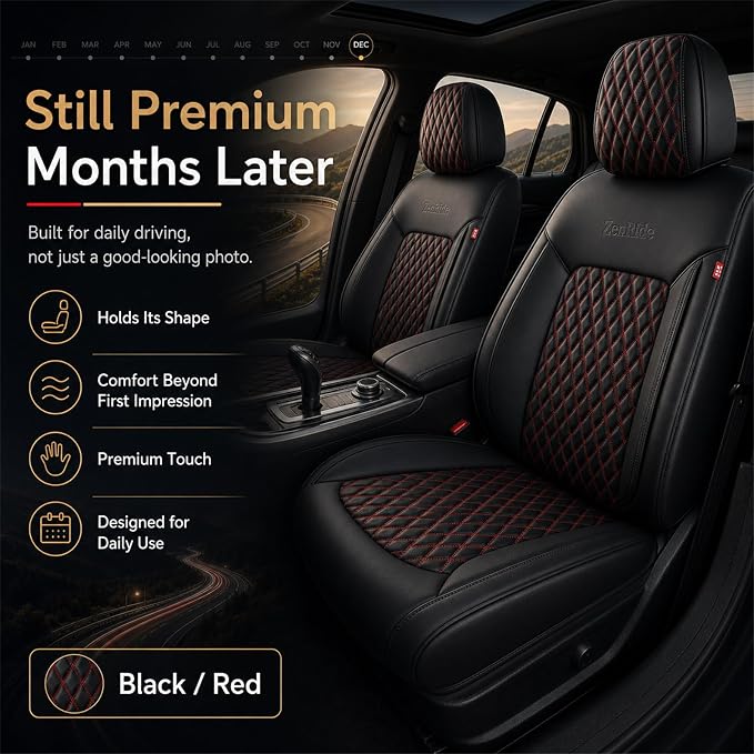 Black and Red Thick Nappa Leather Automotive Front Car Seat Covers Set of 2 | Univerasal Precision Fit,3D Contoured,Waterproof,ThickTexture Nappa Leather,for most Suvs Trucks Sedans