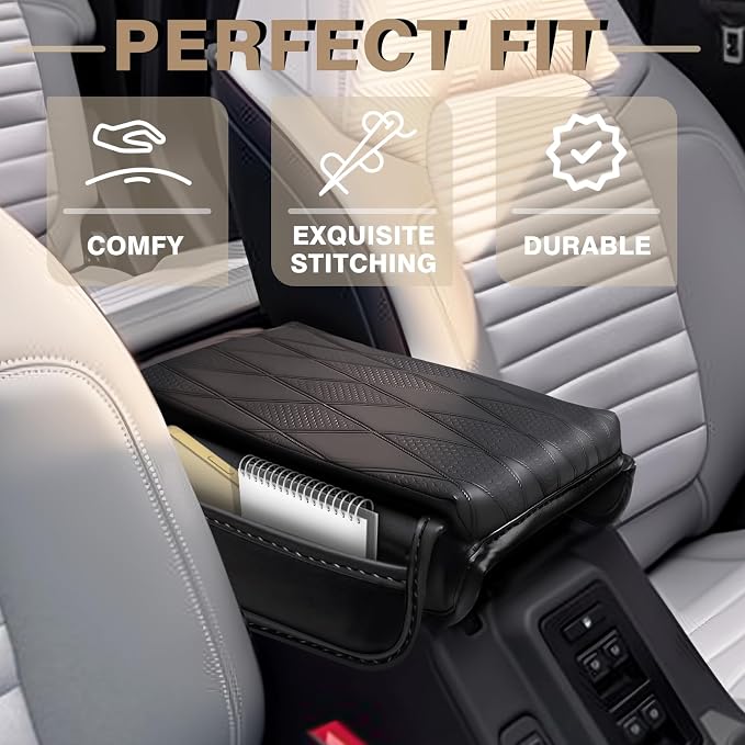 Muslogy Center Console Armrest Cover Fit for Ford Bronco 2021 2022 2023 2024 2025 2026 Accessories, Comfort Armrest Pad Console Lid Cushion Vegan Leather 1-Inch Extra Thick (V2 Diamond Pattern)