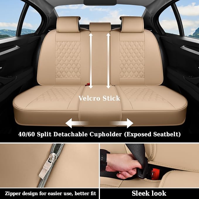 Coverado Rear Seat Covers, Soft Waterproof Faux Leather Rear Protectors for Sedan SUV Truck, Minimalist Comfortable Anti-Stain Interior – Beige