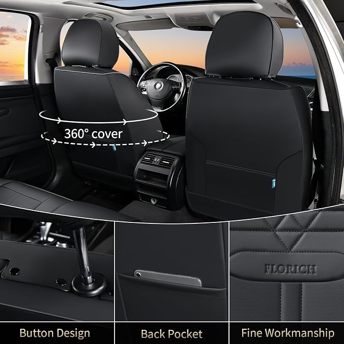 FLORICH Car Seat Covers for Front Seats, Universal Seat Cushion 2 Seats, Car Seat Protector Waterproof, Premium Leather Automotive Seat Covers for Most Cars, Sedans, SUVs, and Trucks-Black