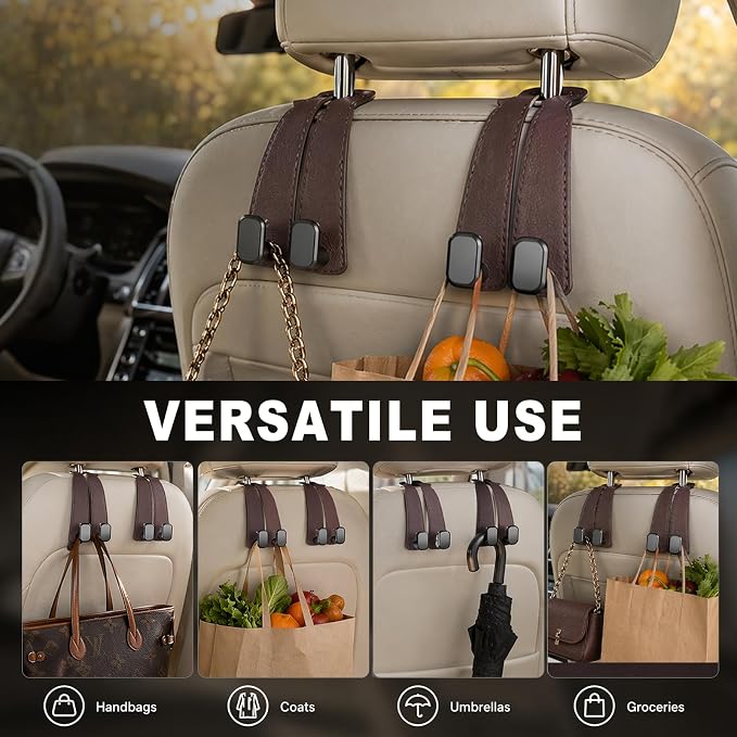 Headrest Hooks for Car 2 Pack, Upgraded Double Metal Hooks with Leather Cover, Car Seat Back Storage Organizer with Anti-Drop Design, for Purses, Handbags, Coats, Groceries (style3)