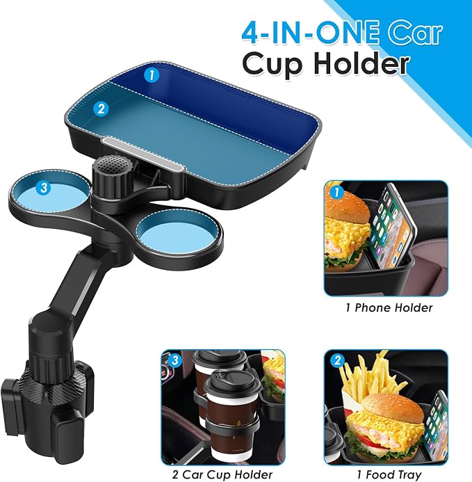 4-in-1 Car Cup Holder Expander, Universal Tray with Phone Mount for Truck | Compatible with 2.6"-3.94" cup holders. Large food tray fits snacks, drinks & devices.