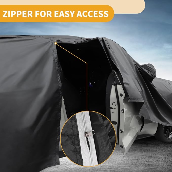 Waterproof All-Weather Universal Car Cover with Right Side Zipper, 190T Polyeste Black Blue Fits for Sedan 185" to 192" Length