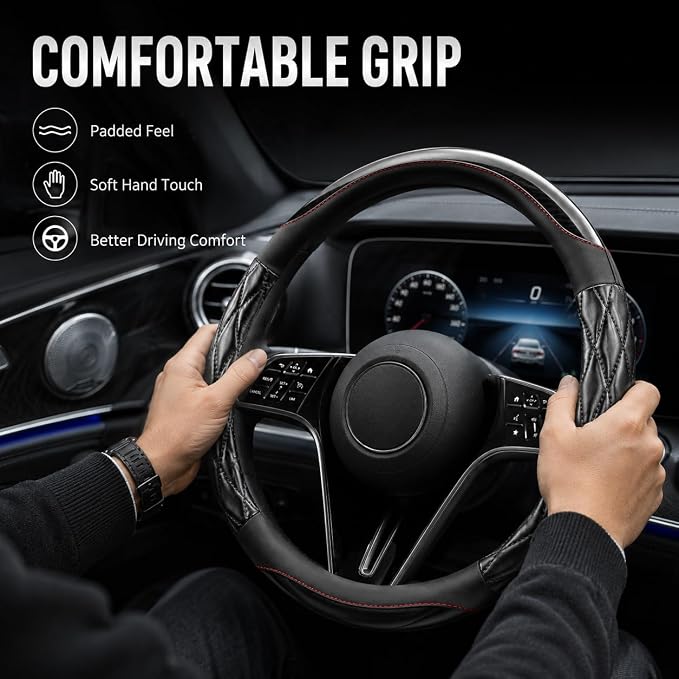 Couslcd 14.5-15 Inch Leather Steering Wheel Cover with Soft Padded Lining, Anti-Slip Comfort Grip, Universal Steering Wheel Protector for Most Cars, SUVs, Trucks (Black)