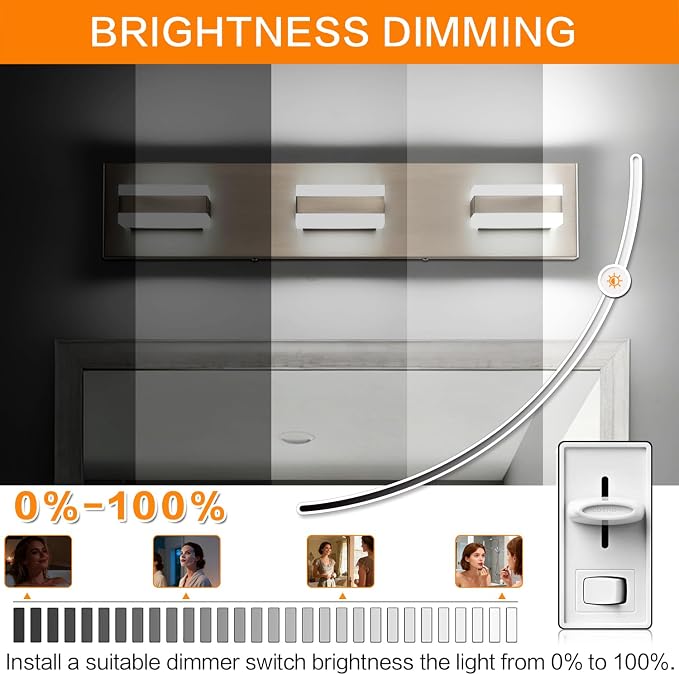 SOLFART Vanity Lighting Over Mirror, 3 Lights Brushed Nickel Bathroom Light, Modern LED Light Fixtures, 5 Color Temperature Adjustable Modern Light for Bathroom ETL Listed