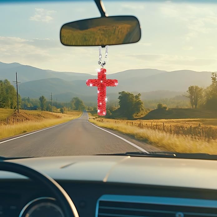 Bling Car Rear View Mirror Accessories Hanging Pendant,Cross Crystal Rhinestone For Car Mirror Hanging,Double-Sided Cross Diamond Religious,Interior Men Women Car Accessories