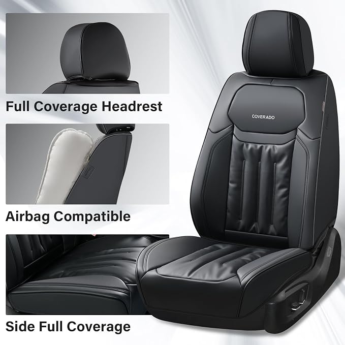 Coverado Car Seat Covers, Seat Covers for Cars 5 Seats, Waterproof Nappa Leather Car Seat Protector Universal Fit for Most Sedans SUV Pick-ups Trucks,Full Set,Black