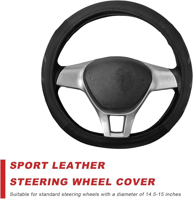 Sport Leather Steering Wheel Cover, 14.5-15 Inch Breathable Auto Steering Wheel Protector with Anti-Slip Lining, Soft Comfortable Leather Wheel Protector for Cars Trucks SUVs (Black)