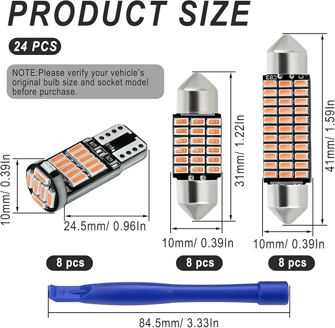 24 PCS Car LED Lights Interior Kit, T10 31mm 41mm LED Dome Lights Interior Replacement for Car Map, License Plate, Door, Side Marker, Cornering & Trunk Bulbs (Pink & Purple)