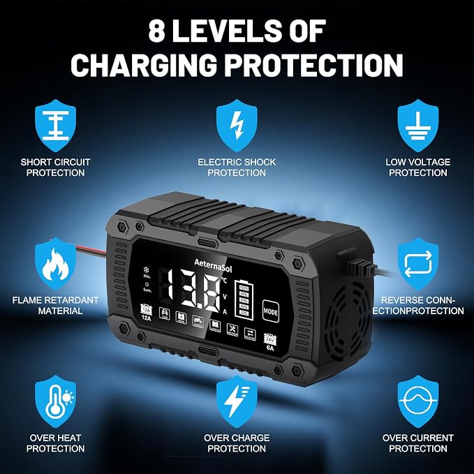12A Smart Car Battery Charger, 12V/24V Battery Maintainer Charger for Car Motorcycle, Trickle Charger, Fully Automatic Detect Battery Type & Voltage with Desulfator (Black)