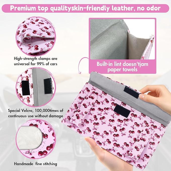 2 Pcs Sunglass Holder and 1Pcs Car Tissue Holder for Car,Magnetic Leather Sunglasses Holder Car Sun Visor Glasses Hanger Clip,Car Interior Accessories for Women(Pink Cherry)