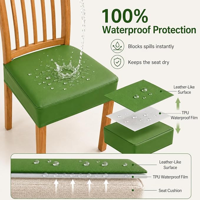 NILUOH Waterproof Seat Covers for Dining Room Chairs Set of 6, Pu Leather Chair Seat Slipcovers Dining Chair Cover Removable Washable Chair Protctor Cover, Rear Covers (PU-Grass Green)