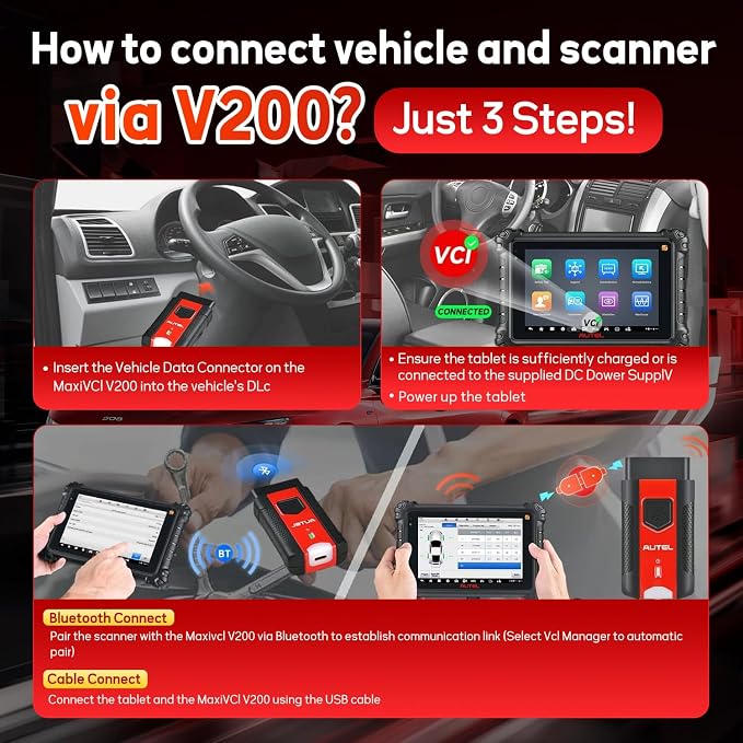 Autel MaxiVCI V200 Vehicle Communication Interface OBD2 Connector Bluetooth Adapter Work with MS906PRO MK906PRO TS ITS600 KM100 BT608 BT609 Wireless VCI200 Diagnostic DoIP CAN FD