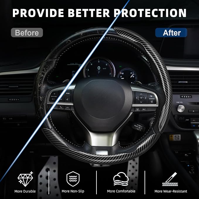 Amiss 3pcs Carbon Fiber Anti-Skid Steering Wheel Cover, Waterproof Design, Universal Fit for 14-16 Inch Car Wheel Cover, Interior Car Accessories for Jeeps, SUVs, Trucks (Glossy Black)