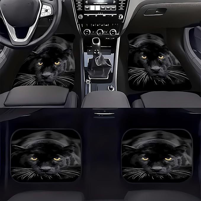 Universal Fit Car Floor Mats Set of 4Pcs, Cute Black Leopard All-Weather Front Rear Car Carpet Mats, Non-Slip Car Floor Mat Car Accessories for Automotive Trucks SUV Sedans Vans