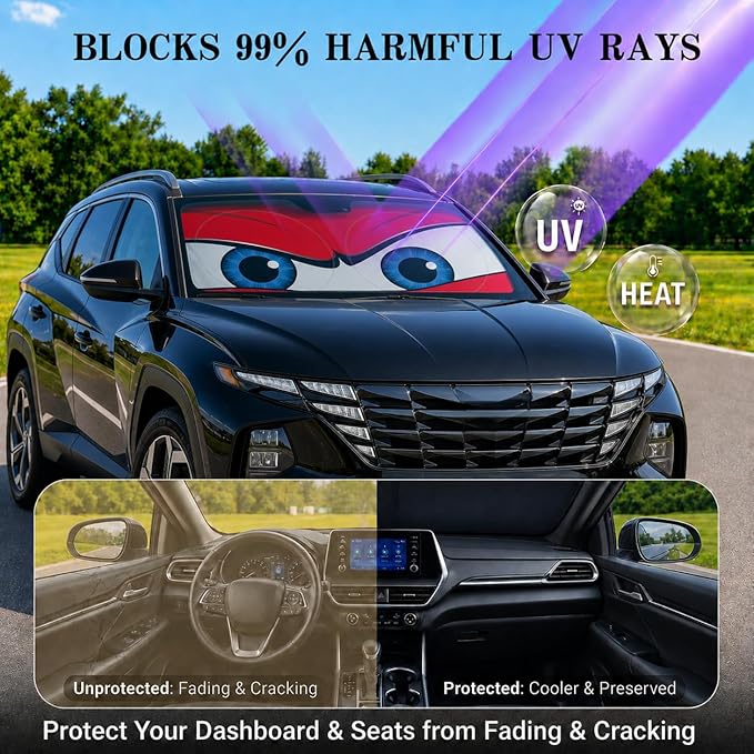 Car Windshield Sun Shade, Universal Fit Midsized Sedan SUV, Angry Red | 63 x 31.5" Windshield Cover, Foldable Front Window Sunshade, UV Heat Protection, Cute Eyes Series