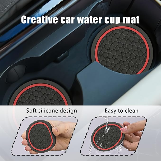 4 PCS Car Cup Holder Coasters, Non-Slip Insert Car Cup Coasters, Waterproof Vehicle Water Bottle Pads Automotive Interior Accessories, Universal for Vehicles, Trucks, SVUs (Black & Red)