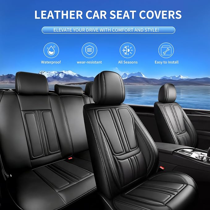 Fit Titan Car Seat Covers Compatible with Nissan Titan 2009-2024 2025 2026.Full Coverage Waterproof Leather,All-Weather Seat Cushion Protector-Easy Installation (5 Seats Full Set, Black)