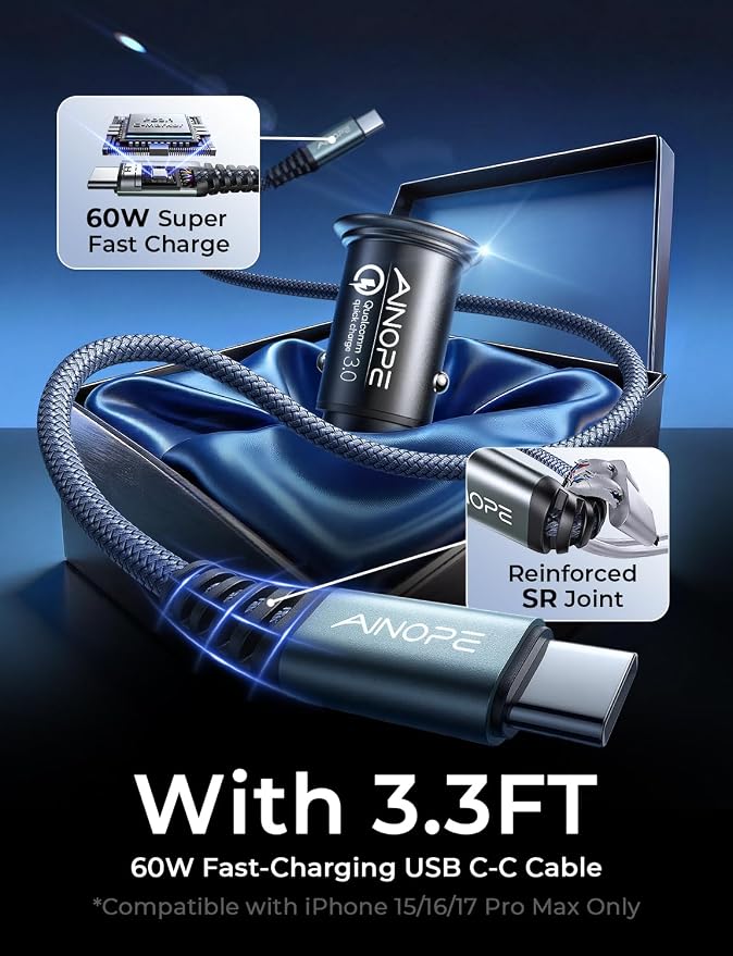 AINOPE 67.5W Car Charger USB C Fast Charge, USB C Car Charger Fast Charging | 【Mini & Metal】 Cigarette Lighter Adapter USB-C Type C Car Charger for iPhone 17 16 15 Pro Max, for Samsung S26 S25
