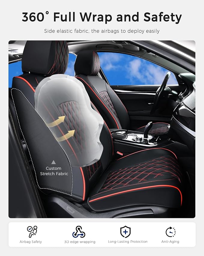 Huidasource Seat Covers, Car Seat Cover Nappa Leather Universal Fit for Most Cars, Vans, Trucks, SUVs, Compatible with Airbags, Child Seat, Car Seat Covers Velcro Adjustable (Full Set/Black&Red)