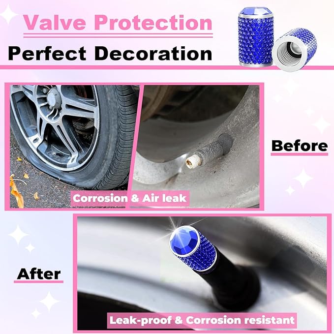 4Pcs Car Tire Valve Stem Caps, Bling Tire Air Cap for Car, Universal Stem Covers, Anodized Aluminum Tires Valve Cap with O Rubber Ring, Crystal Diamond Car Accessories for Women