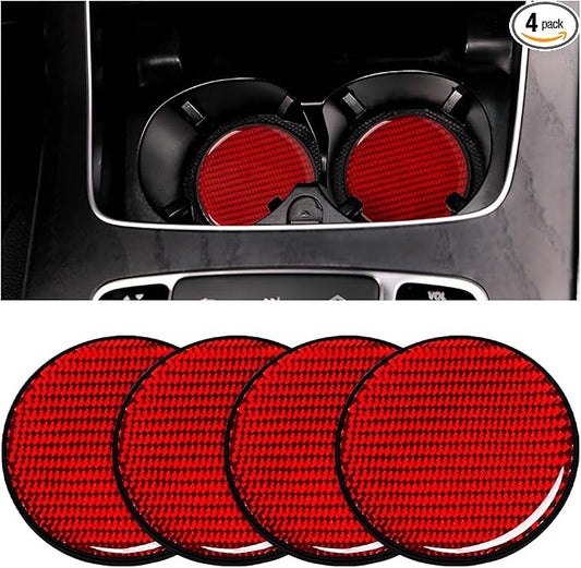 BESULEN Car Cup Holder Coaster, 4 PCS Carbon Fiber Non-Slip Embedded Coasters, Universal 2.75 Inch Cup Holder Insert Coaster Pad, Sports Racing Durable Drink Mat, Car Interior Accessories