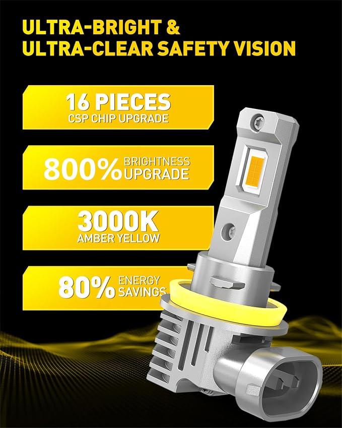 AUXITO H11/H8/H16 Yellow LED Fog Light Bulbs, 800% Brightness 3000K Amber Yellow Driving Fog lights, 1:1 Mini Size Front Fog Lamps, Non-polarity, Play and Plug (Pack of 2)