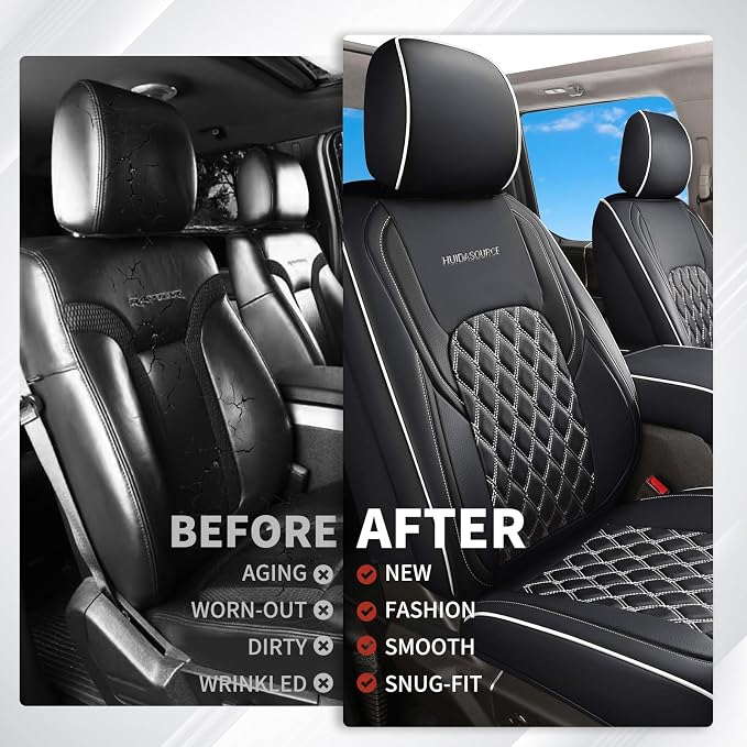 Huidasource Car Seat Covers Fit for Truck Chevy Chevrolet Silverado GMC Sierra 1500 2007-2026, 2500HD 3500HD 2015-2026 Crew Double Extended Cab, Leather Seat Accessories (Front Pair/Black&White)
